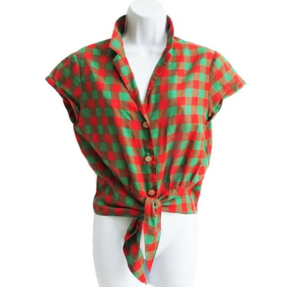 Vintage Blues Paris Red Green Check Crop Top Tie Waist Flower Buttons France M - Picture 6 of 9